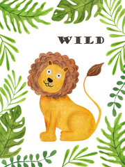 Poster card Jungle lion in tropical leaves. Watercolor illustration. 