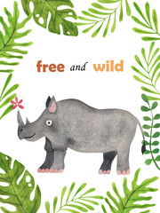 Poster card Jungle Rhinoceros in tropical leaves. Watercolor illustration. 