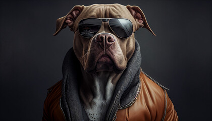 Brillenmode bei Tieren skurril und lustig mit Sonnenbrille Portrait Hund Kopf Vorlage für Karte Grußkarte Kartenmotiv Chefsache Chefposition Charakter typisch als Tier Generative AI  - obrazy, fototapety, plakaty