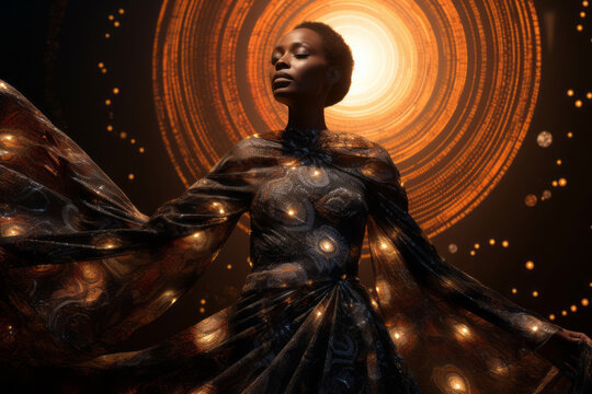 Generative AI of a woman dressed in attire inspired by the colors and energy of a supernova