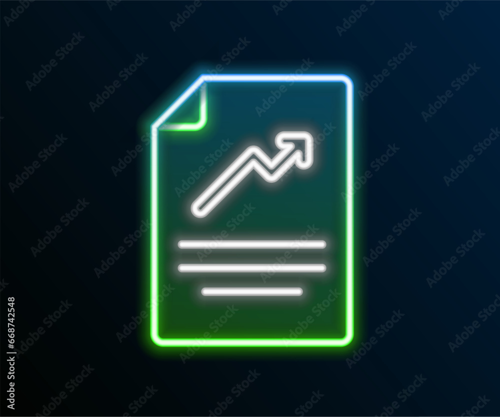 Poster glowing neon line document with graph chart icon isolated on black background. report text file icon