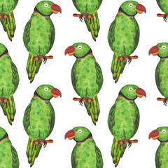 Naklejka premium Green parrot. Seamless pattern. Watercolor illustration