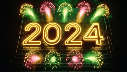 In the midst of a dark brick wall, the glowing neon sign for 2024 illuminates the new year with a dazzling celebration of light and color, accompanied by the explosive excitement of fireworks