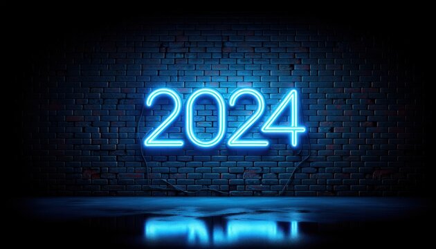 Greeting card Happy New Year 2024. Beautiful holiday web banner or billboard with colorful sparkling text Happy New Year 2024 written sparklers on festive vibrant background with fireworks.