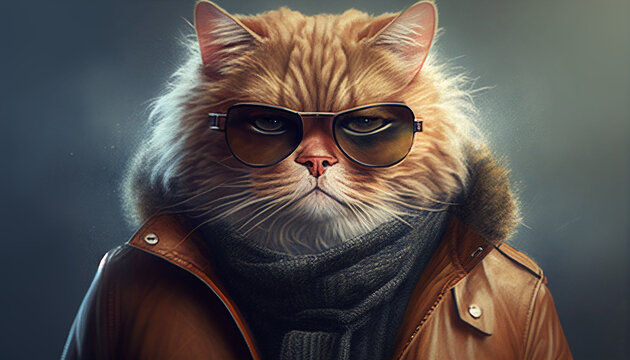 Portrait einer Katze lustige Tiere f&uuml;r Karte Gru&szlig;karte skurril Chef mit Kleidung Generative AI 