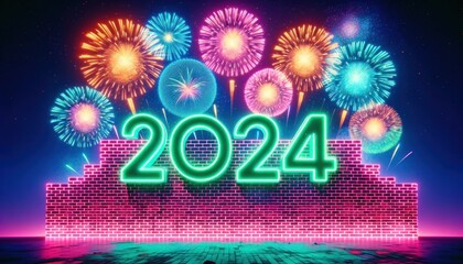 Greeting card Happy New Year 2024. Beautiful holiday web banner or billboard with colorful sparkling text Happy New Year 2024 written sparklers on festive vibrant background with fireworks.