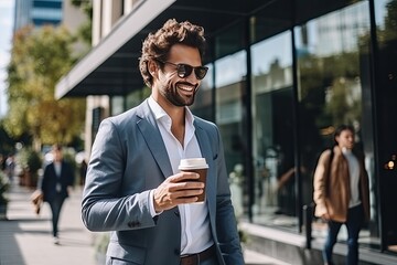 Fototapeta premium Handsome businessman using smartphone and holding coffee cup while in the city