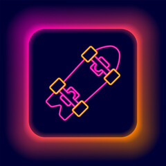 Glowing neon line Longboard or skateboard cruiser icon isolated on black background. Extreme sport. Sport equipment. Colorful outline concept. Vector