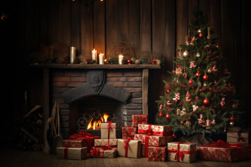 Cozy festive room with a fire place decorated for Christmas backdrop with xmas tree, gifts and light. generative ai