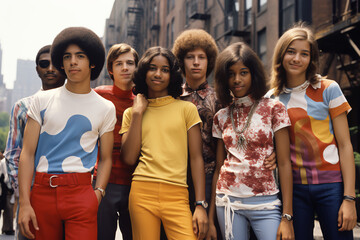 Photo of a diverse group of teenagers, wearing 1969 clothes, summer