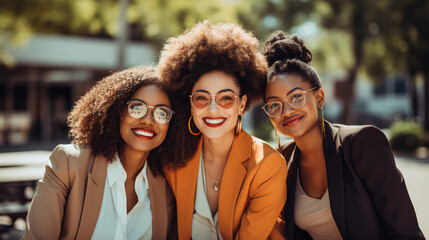 Photo of three black teeange girls, wearing trendy clothes, sitting on a bench in a park, summer
