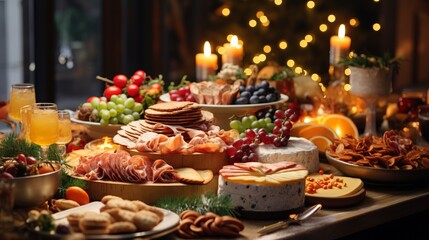 Christmas dinner table full of dishes with food and snacks, New Year's decor with a Christmas tree in the background. Garland lights, cozy family event
