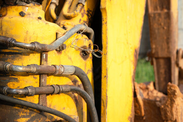 Hydraulic high pressure hose connection panel with safety fittings of the crane of excavator...