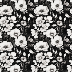 monochrome flower repeat pattern, floral seamless pattern for garment, textile, packaging, wallpaper, curtain, table cloth, wrapping paper etc. generative ai.