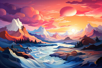 Mountain landscape with a river at sunset
