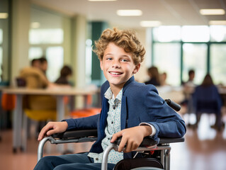 European schoolboy sitting in wheelchair at elementary school