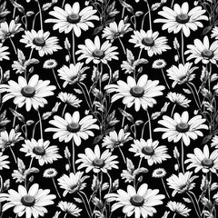monochrome flower repeat pattern, floral seamless pattern for garment, textile, packaging, wallpaper, curtain, table cloth, wrapping paper etc. generative ai.