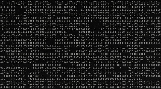 Black and white screen with binary code background
