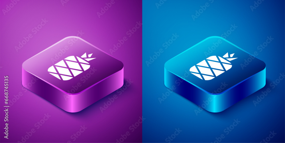 Sticker Isometric Pineapple tropical fruit icon isolated on blue and purple background. Square button. Vector