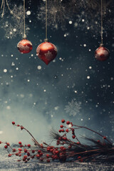 Beautiful red Christmas balls, rowan branches on a blue snowy background. Christmas card. Scene, copy space for text