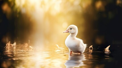 White duck stand next to a pond or lake with bokeh background