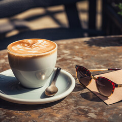cup of cappuccino on the table with glasses