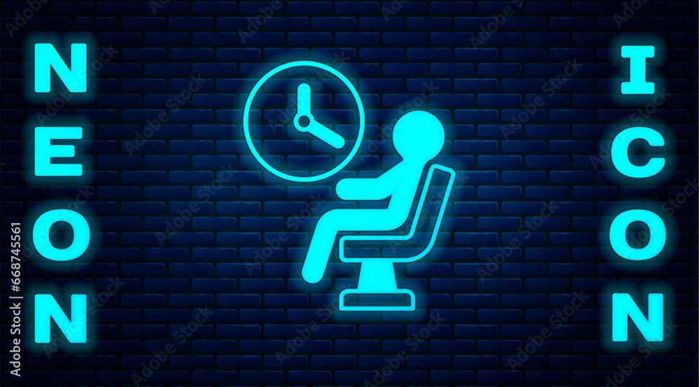 Poster glowing neon human waiting in airport terminal icon isolated on brick wall background. vector