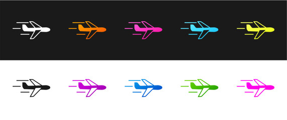 Set Plane icon isolated on black and white background. Flying airplane icon. Airliner sign. Vector