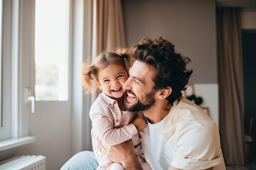 Smiling and happy father and daughter spending the weekend in a warm home
