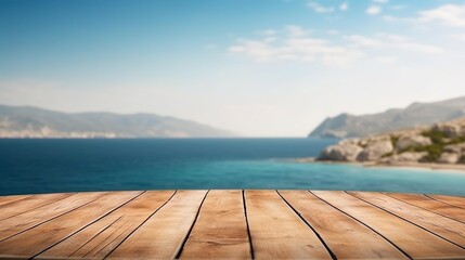 Obraz premium Wooden table on the background of the sea island