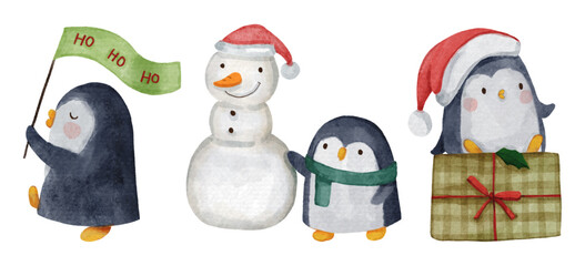 Penguin with christmas costume . Watercolor paint cartoon characters . Isolated . Set 5 of 7 . Vector .