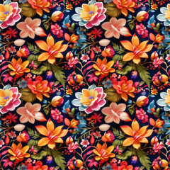 Fototapeta na wymiar colorful floral repeat pattern created with bright high contrast vivid colors, seamless pattern for textile, packaging, wrapping paper, wallpaper, book cover, table cloth etc, generativeai