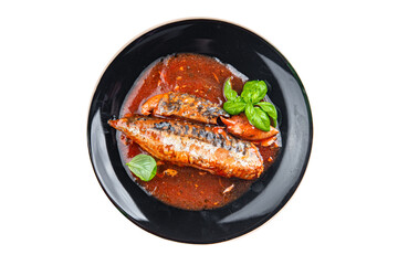mackerel tomato sauce canned fish seafood eating cooking appetizer meal food snack on the table copy space food background rustic top view