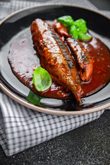 mackerel tomato sauce canned fish seafood eating cooking appetizer meal food snack on the table copy space food background rustic top view