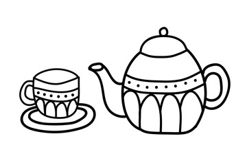 Cute cartoon porcelain black and white mug tea cup and pott.Vector simple illustration, coloring book