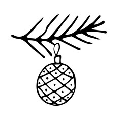 Christmas branch with hanging balls wit ornamets lines,dots.White and black simple line vector design doodle elements.