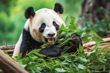Panda eating bamboo. Cute panda bear with bamboo looking at camera.