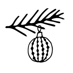 Christmas branch with hanging balls wit ornamets lines,dots.White and black simple line vector design doodle elements.