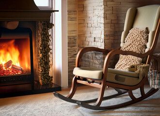 cozy rocking chair in the fireplace room - obrazy, fototapety, plakaty