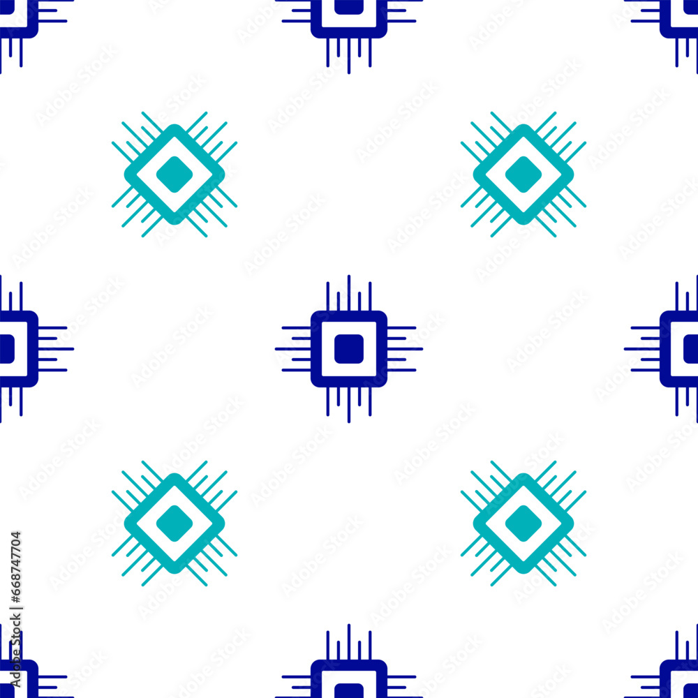 Poster blue computer processor with microcircuits cpu icon isolated seamless pattern on white background. c