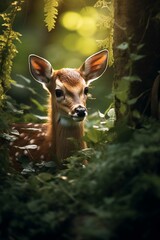 A bambi hiding behind bushes in the forest