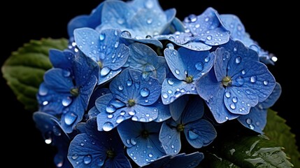 Blue hydrangea flowers with water drops on a black background. Mother's day concept with a space...