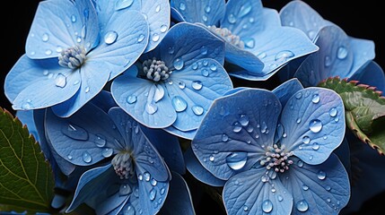 Beautiful blue hydrangea flowers with water drops on black background. Mother's day concept with a...