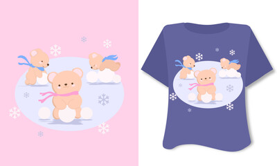 Kids t shirt graphic design winter bears with snow snowflakes on pink purple background for xmas merry Christmas card 