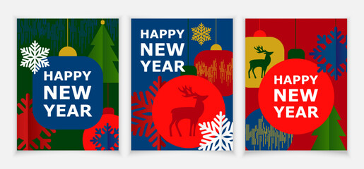 Minimalist greeting card with New Year. Set of three vector postcards.