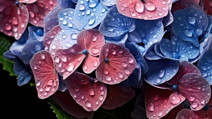 Hydrangea macrophylla on a black background with water drops. Mother's day concept with a space for...