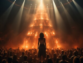 Woman stands above a crowd of onlookers and watches a large fire in concert hall. AI