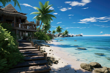Promenade of a luxury hotel with a white sandy beach