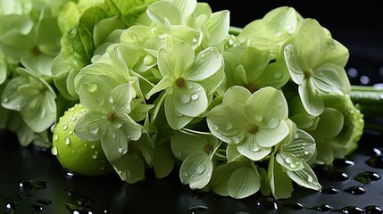 Green hydrangea flowers with dew drops on black background. Mother's day concept with a space for a...