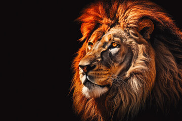 Fototapeta premium Lion king isolated on black background. Majestic lion on black background.